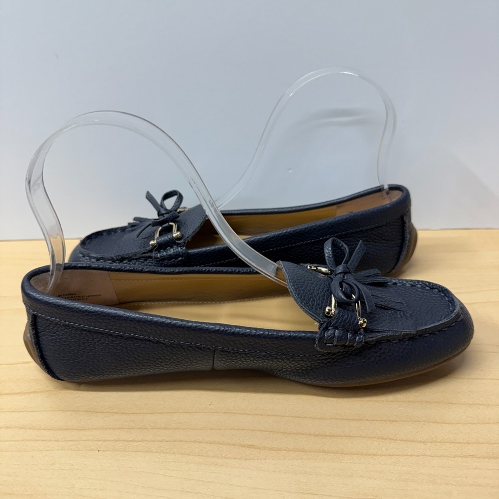 Talbots Slip On Loafers, Size 7 Navy Blue Pebbled Leather Fringe Driving Mocs - Picture 4 of 8